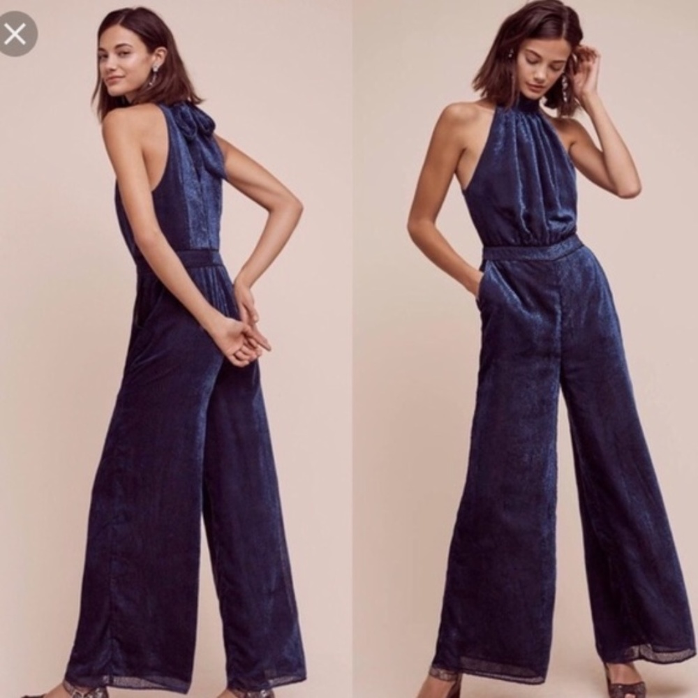 Anthro Elevenses Navy Velvet Wide Leg Jumpsuit